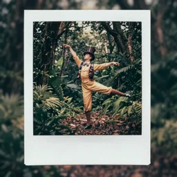 1960!! epic pose!!! Whimsical dancing magician , in deep forest jungle , full body , Cinematic focus, Polaroid photo, vintage , neutral dull colors, soft lights, foggy sunset , by oleg oprisco , by national archives, by discovery channel, by victor enrich , by gregory crewdson