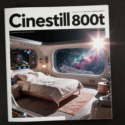 Cinestill 800t, 8K, 35mm; beautiful ultra realistic minimalistic in space(1950) film still, looking out from orbit space habitat hotel room scene, 2000s frontiers in retrofuturism architecture magazine September moebius edition, highly detailed, extreme closeup three-quarter scene, tilt shift LaGrange point orbit background, three point perspective, focus on bed with a nebulous view;sunflare;wide;DOF, soft lighting