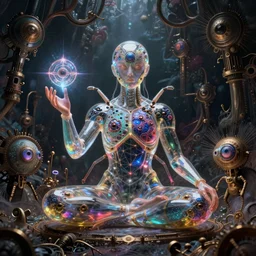 transparent full body insectoid cyborg dmt entity with microbial eyes as body geometric pattern in the hand giving a merkabah to sitting meditating third eye activated human soulful colors alex grey beksinski sci fi cyberpunk steampunk hyperrealistic ernst haeckel dark grim