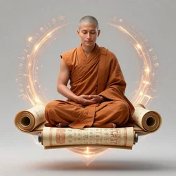 a monk floating while meditating and wrapped in sacred scrolls, smooth, intricate, elegant, digital painting, artstation, power runes, pulsing energy, concept art, sharp focus, octane render, illustration, art by shintaro kago and josan gonzalez, overwatch character,