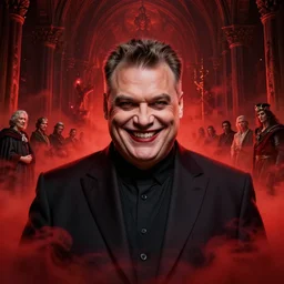 hyper realistic portrait of satanic viktor orban with evil smile, red mist in hell monastery, gorgeous lighting by kim jung giu weta studio, mucha, bautista and norman rockwell and greg rutkowski and tom bagshaw and james gurney and lucasfilm