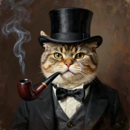 portrait of a british shorthair cat wearing a top hat and smoking a pipe, dressed like a gentleman, matte oil painting, portraiture, realistic, 1 8 0 0 s portrait paintings, museum of art, warm dark tones,