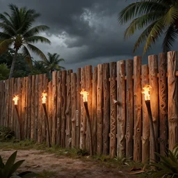 wooden palisade wall on a tropical island kit by torches in a Storm , intricate Details, raphael lacoste, eddie mendoza, alex ross, concept art, matte painting, highly detailed, rule of thirds, dynamic lighting, cinematic, detailed, denoised, centerd, clean render