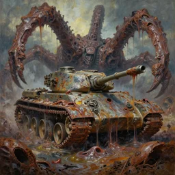 oil painting nightmare macerated future army tanks clawed chaos landscape fecund afraid of tank treads hooped around destroyed rustscape in primoridal slimes dropping into in mollusk skins, cinematic, fine art, ornate masterpiece, by geof darrow
