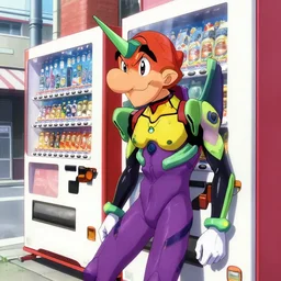 Waluigi as an Evangelion character, wearing a plugsuit, leaning on a vending machine in a japanese city at noon, tense atmosphere, detailed anime artwork by Hideaki Anno
