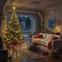 a christmas eve photorealistic painting, cozy home, interior, sci - fi, wlop, concept art, octane render, deviantart, greg rutkowski, cinematic, key art, hyperrealism