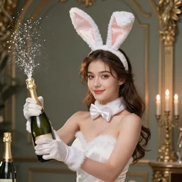 a masterpiece ultrarealistic ultradetailed portrait of beautiful girl in bunny costume sprinkling champagne baroque renaissance. medium shot, intricate, elegant, by stanley artgerm lau, wlop, alphonse mucha, rossdraws, andrei riabovitchev, yoshitaka amano. flower background my james jeand and takashi murakami.