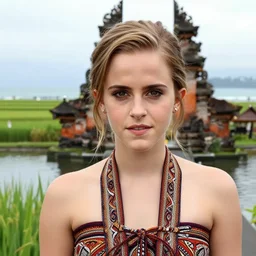 emma watson wearing batik bali in bali. temple, lake, rice field, ocean. front view. instagram closeup holiday photo shoot, perfect faces, beautiful light