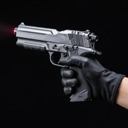 “ hand in glove holding laser gun from the side, cinematic, black void background, retro, digital art, fortnite style, award winning ”