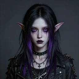 portrait painting of an androgynous fae with shoulder length black and purple hair pale skin wearing a punk clothes, ultra realistic, concept art, intricate details, eerie, highly detailed, photorealistic, octane render, 8 k, unreal engine. art by artgerm and greg rutkowski and magali villeneuve and alphonse mucha