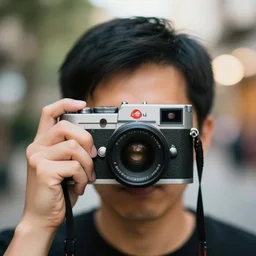 a portrait of a person who has a Leica camera as a head, 50mm, bokeh, f1.4,