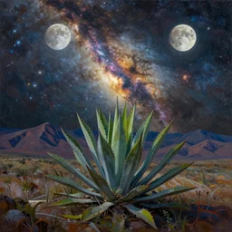 agave amica to the moons, beautiful intricate oil painting, mountains, beautiful nebula in the sky by jacek yerka, beautiful nebula in the sky by jacek yerka