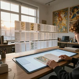 by james turrell : pov candid photo of my hands reading stacks of floating detailed branching pdf panels at my futuristic ios hologram desk, rows of active organized knolled calendar cubbies during sunrise in a cozy open - air design studio by alphonse mucha, brilliant daylight vr os ux, leica a 2 4 8 k still