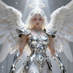 white muscular angel with beautiful face, wearing diamond armor, shining light, jewelry, god rays by Amano