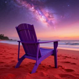 purple chair on a red beach with nebula sunset