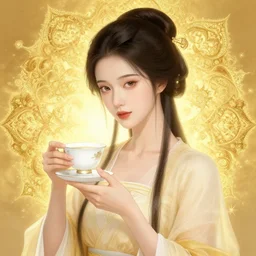 beautiful goddess holding tea cup with golden glow background, drawing, photography by amy leibowitz, wlop, jeremy lipkin, beeple, intricate golden fractals, symmetrical front