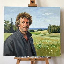 photograph of a buff Bob Ross painting a canvas of a landscape