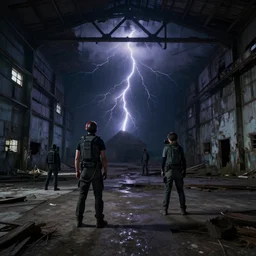 stargate stranding in abandoned warehouse, 4 k, dramatic lightning