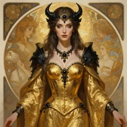 Portrait of a Holy Necromancer, female, beautiful, golden robes, exquisite black accessories, golden corset, highly detailed, smooth, sharp focus, digital painting, illustration, fantasy, by Krenz Cushart and Artem Demura and alphonse mucha
