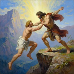 an amazing realistic painting of cain pushing abel from the edge of a cliff with a divine light in the sky, majestic mountains in the background, very detailed, painting by jeremy lipkin, beautiful art, smooth, elegant, intricate, vibrant, colorful, detailed faces