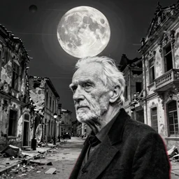 old white - headed man under the huge moon on a street of ruined city by beksinski and takato yamamoto, very coherent, baroque elements, glitch