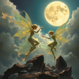 concept art of translucent glowing fairies dancing, lovecraftian, renaissance, melting, round moon, rich clouds, fighting the horrors of the unknown, moon rocks, very detailed, volumetric light, mist, fine art, decaying, textured oil over canvas, epic fantasy art, very colorful, ornate intricate shiny scales