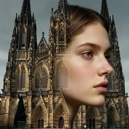 colour photo of a beautiful sublime young woman's face morphing together with an intricate gothic cathedral, anatomically correct, moody, highly detailed, rule of thirds, face in sharp focus, art by raphael, john william godward, alphonse mucha, android jones, h. r. giger