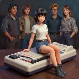 realistic detailed photo rendered in octane 3 d of girl posing on a zx spectrum by moriho tanaka, by ayami kojima, amano, karol bak, greg hildebrandt, and luis molina, rich deep colors. david b. mattingly painting, art by daniel boucherie. masterpiece. rendered in blender, ultra realistic, smooth shading, ultra detailed, high resolution, cinematic