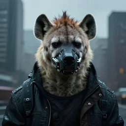 new york city portrait of burly surly furry anthro anthropomorphic spotted hyena head animal person fursona wearing clothes strange cybernetic muzzle gloomy rainy screenshot from the video game cyberpunk 2077 digital art by Greg Rutkowski, Simon Stalenhag, christopher nolan trending on Artstation, CGSociety