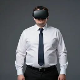 clean - shaven chubby white man wearing white dress shirt, necktie, and black dress pants wearing a vr headset. he look bored. iq 4, f / 1. 4, iso 2 0 0, 1 / 1 6 0 s, 8 k, raw, dramatic lighting, symmetrical balance, in - frame