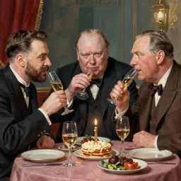 Stalin, Churchill and Franklin Roosevelt having a wild birthday party, colorized,  fantasy painting,hyperrealistic, highly detailed, depth of field, High definition, 8k,  octane render, artstation