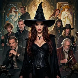 highly detailed vfx portrait of megan fox as a witch, stephen bliss, unreal engine, greg rutkowski, loish, rhads, beeple, makoto shinkai and lois van baarle, ilya kuvshinov, rossdraws, tom bagshaw, alphonse mucha, global illumination, detailed and intricate environment