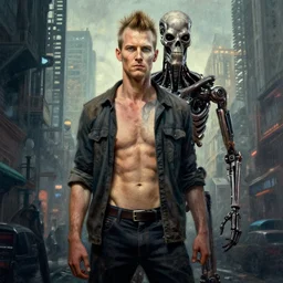 poster of half homeless, half terminator, punk city in background, image from new scifi from ilm and weta digital, painted by thomas eakins