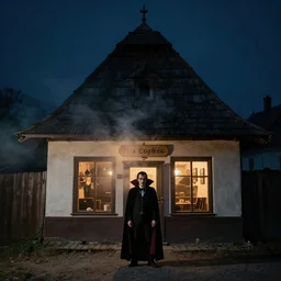 dracula standing in front of his coffee shop in a small transylvanian village at night, gloomy, moody, smoky, cinematic, architectural photography, 4 k, dslr