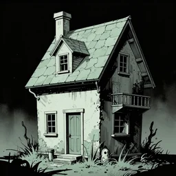 an abstract whimsical house, by richard corben. pulp horror art, comic book art