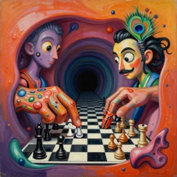 an extremely high quality hd surrealism warm painting of 4 d perspective neon complimentary - colors cartoon surrealism concave melting sculpture composition of zaha hadid biological anatomical hands peacock mantis shrimp by a much more skilled version of kandinskypicasso and salvia dali the fourth, salvador dali's much much much much more talented painter cousin, 8 k, ultra realistic, hands, chess, tunnels