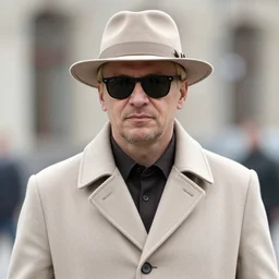 blonde Viktor Reznov portrait with a beige coat, beige fedora, and sunglasses