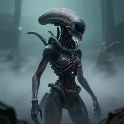 beautiful xenomorph girl in the style of giger, ground fog, moody lighting, 8 k, lightning, shallow depth of field, cinematic lighting,