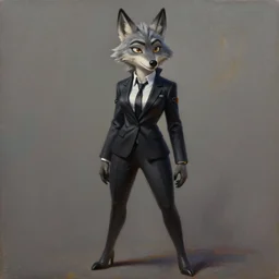 oil painting of detailed full body of anthromorphic female wolf, in style of zootopia, zootopia, zootopia, fursona, furry, furaffinity, 4 k, deviantart, furry art, fursona art, wearing black business suit, business suit, in style of zootopia, wolf fursona, cyberpunk, female, expressive detailed feminine face,