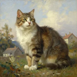 huge cat near houses, oil painting by Ivan Shishkin
