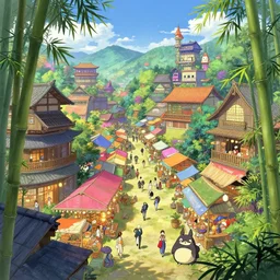 colorful marketplace in a great kitsune city, bamboo, anime, a fantasy digital painting by Greg Rutkowski and James Gurney, trending on Artstation, highly detailed