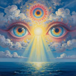 a painting of giant psychedelic eyes in a cloudy sky over an ocean, god rays, beautiful colors, surrealism, visionary art, fractals, matte painting, by christophe vacher