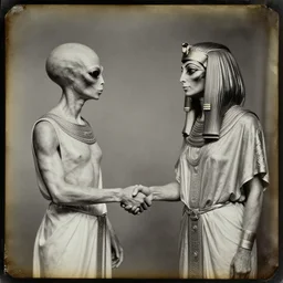A daguerreotype photograph of an alien shaking hands with Cleopatra.