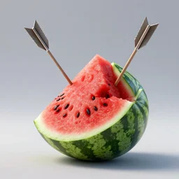 a watermelon pierced by an arrow, arrow hanging out, detailed render, 8k