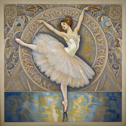 a beautifull intricate dot painting of a dancing ballerina, reflexions, verry high details by william turner art, greg rutkowski and alphonse mucha, trending on artstation, very very detailed, masterpiece, muted colors