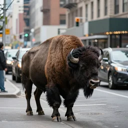 photo of a bison, in a New York street, cars, buildings, 50mm, beautiful photo,