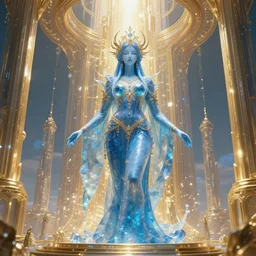 giant blue dmt entity goddess, golden hyperspace crystal palace, ultra-futuristic utopian city in background,  Wadim Kashin, artgerm,  XF IQ4, f/1.4, ISO 200, 1/160s, 8K, RAW, featured in artstation, octane render, cinematic, elegant, intricate, 8k
