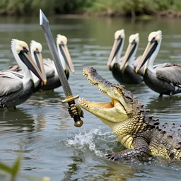 a crocodile holding a legendary sword with its mouth, on a river fighting a group of pelicans