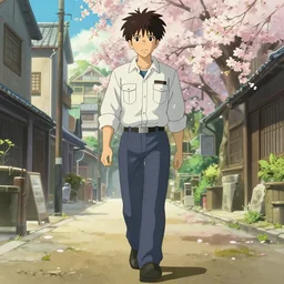 a full body portrait of a mechanic confidently walking around the city with sakuras, looking foward, studio lighting delicate features finely detailed perfect art, at an ancient city, gapmoe yandere grimdark, trending on pixiv fanbox, painted by greg rutkowski makoto shinkai takashi takeuchi studio ghibli