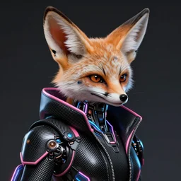 face portrait of a cyborg fennec fox animal assassin, in black carbon fiber pink and blue vaporwave clothing, light coming off of the clothing, tech wear, sci-fi, vaporwave, intricate, elegant, highly detailed, digital painting, artstation, concept art, smooth, sharp focus, illustration, trending on art station, dynamic lighting, cinematic, ultra detailed, fantasy concept art